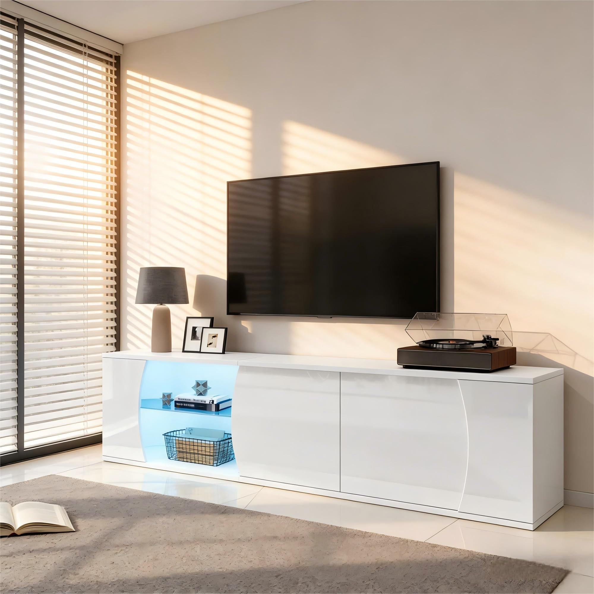 Merax 180cm LED TV Stand for TVs up to 80 Inch, High Gloss TV Cabinet with 3 Doors, Tempered Glass Shelves and Storage Compartments, Modern Entertainment Unit Lowboard for Living Room, White โ image 1
