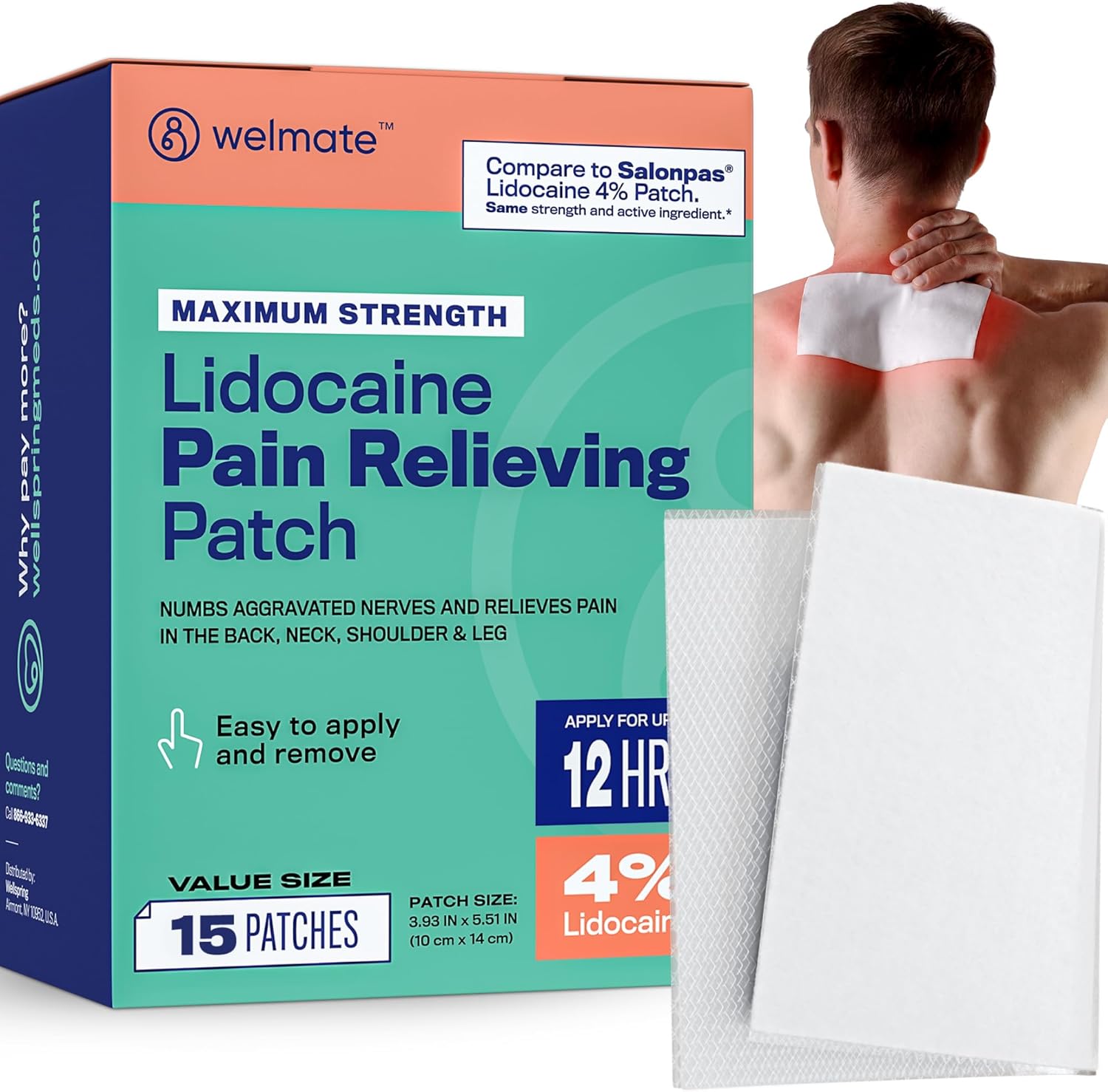 WELMATE Pain Patches Maximum Strength Lidocaine 4% Topical Numbing Analgesic – Lidocaine Patches for Nerve & Back Pain Relief, Sciatica, Neck Muscle Strain, Knee, Shoulder Joint, Hip, Foot (40ct)
