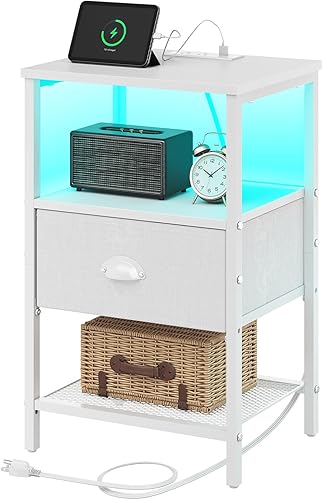 Miniatura 10 de Sthmec - Juego de 2 mesitas de noche LED con estación de carga y cajón de tela, mesita de noche con almacenamiento, mesa auxiliar de 3 niveles con