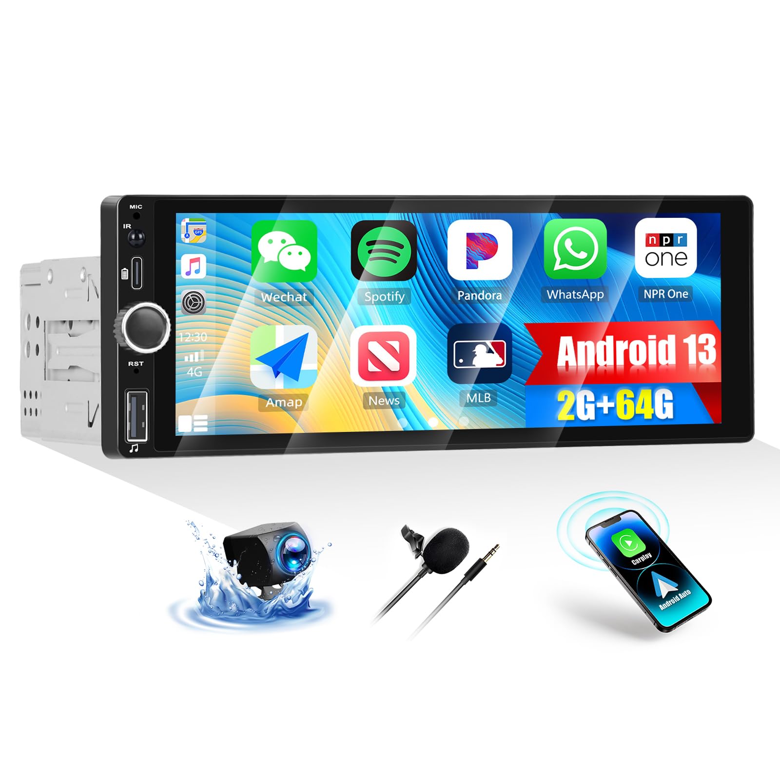 OiLiehu 2G+64G Android 13 Radio 1 DIN Carplay Android Auto Radio para Coche 6,86 Pulgadas con Mirror Link/EQ/Bluetooth/Control del Volante/FM RDS Radio/WiFi/GPS/Camara Marcha Atras