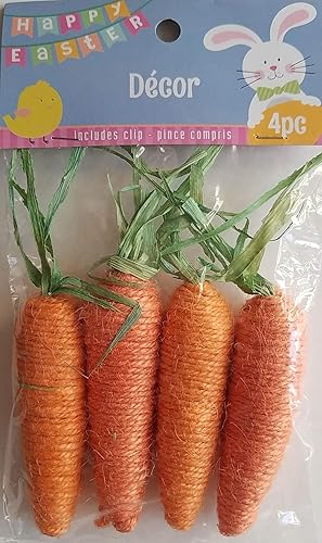 Cordel de yute de zanahorias de pascua, 3 pulgadas de alto x 5 pulgadas de ancho x 1 pulgada de profundidad más paja verde, 4paquete