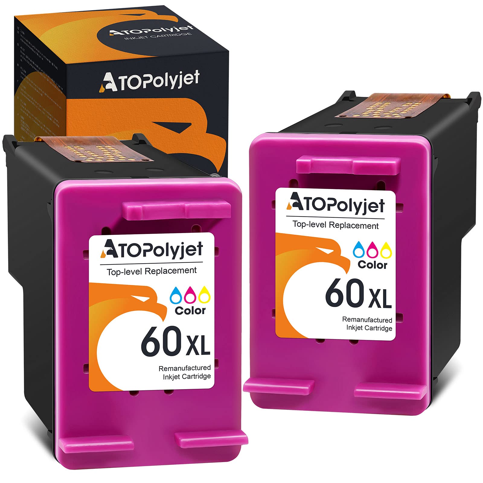 ATOPolyjet Remanufactured Ink Cartridge Replacement for HP 60 XL 60XL Color 2-Pack Fit PhotoSmart C4680 C4780 C4795 D110a DeskJet F4480 D2530 F4280 F4580 F2430 D2660 Envy 120 100 110 114 Printer
