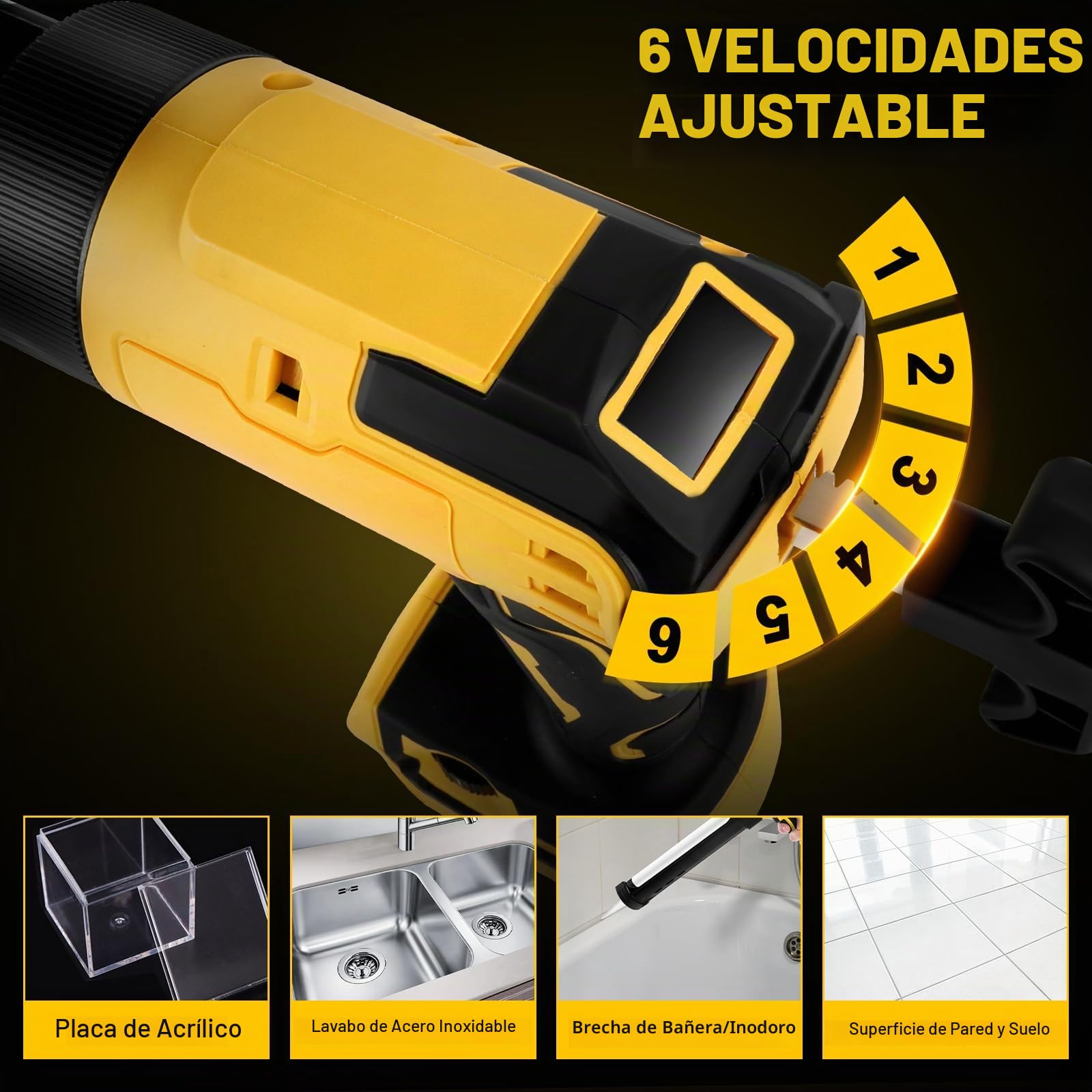 Pistola de Calafateo Inalámbrica con LED para Dewalt 21V (sin batería) | Pistola Selladora Eléctrica, 6 Velocidades, Pantalla Digital, para Cartucho de 10 oz/300 ml, para Sellar