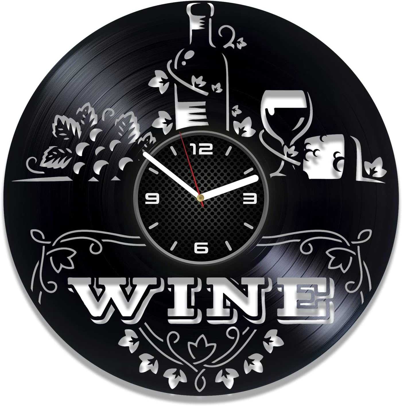 Kovides Wine Vinyl Record Wall Clock 12 Inch - Gift for Woman Idea - Wine Drink Art Handmade Gift - Home Decor, Black