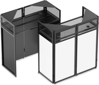 YooKoo Foldable DJ Booth with 2 Top Trays Tool-Free Assembly DJ Table with White & Black Scrim Metal Frame DJ Facade DJ Stand with Cable Hole and Carry Bag for Parties, Events, Small Studios