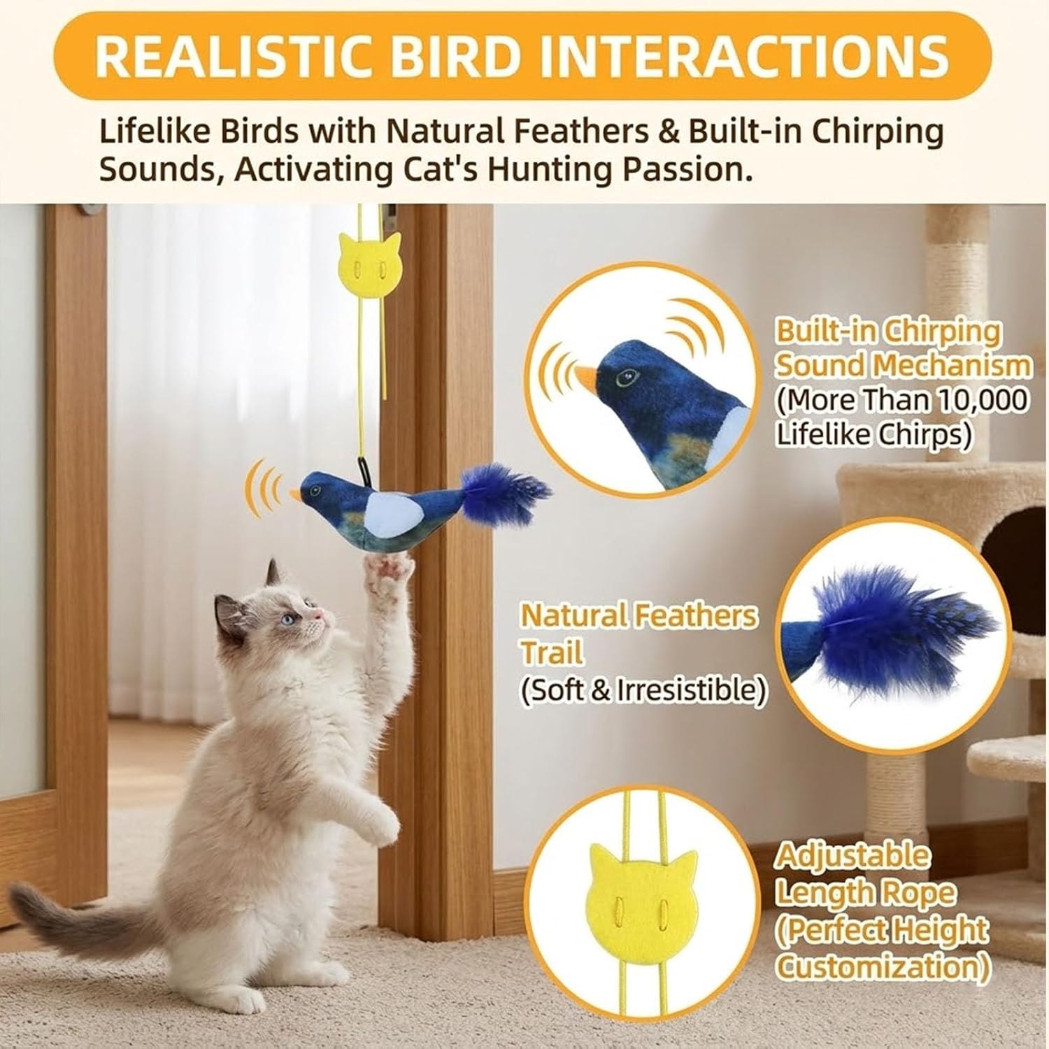 6 pc Interactive Hanging Cat Toy, Self Play Kitten Toys for Indoor Kittens Retractable Bouncing Cat Bird Toy & Cat Feather Toy Attachments Hands-Free Cat Toy Wand Teaser Toys with Feathers image 3