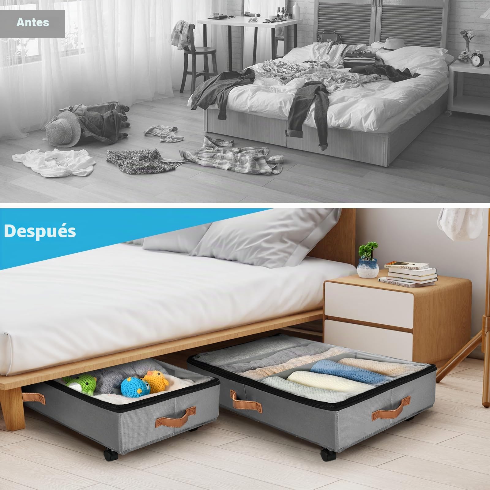 2 Piezas Organizador Ropa, Caja de Almacenamiento Debajo de la Cama Con Ruedas Giratorias de 360°, Cajas Almacenaje Ropa con Ventana Transparente Para Ropa, Zapatos y Mantas