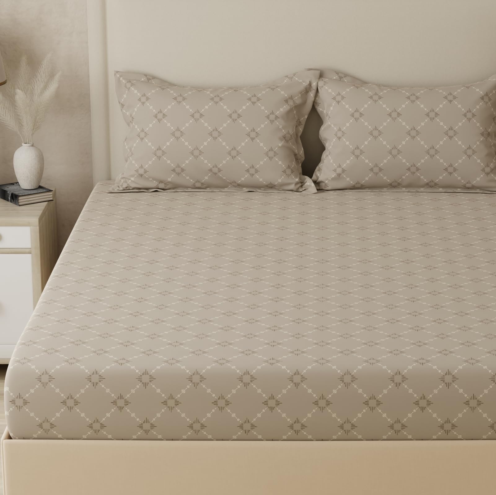 Huesland 210 TC Pure Cotton Premium Bedsheet for Single Bed with 1 Pillow Cover | Space Shift | Taupe-image-38