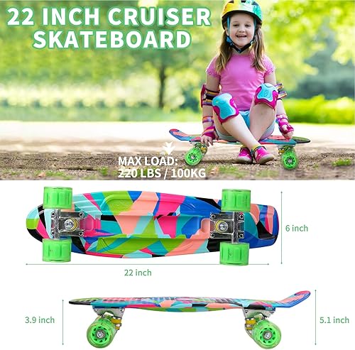 Miniatura 67 de Patinetas, 22" Patineta Completa, Mini Cruiser Skateboard para Niños Niñas Adolescentes Principiantes con Coloridas Ruedas Intermitentes Herramienta