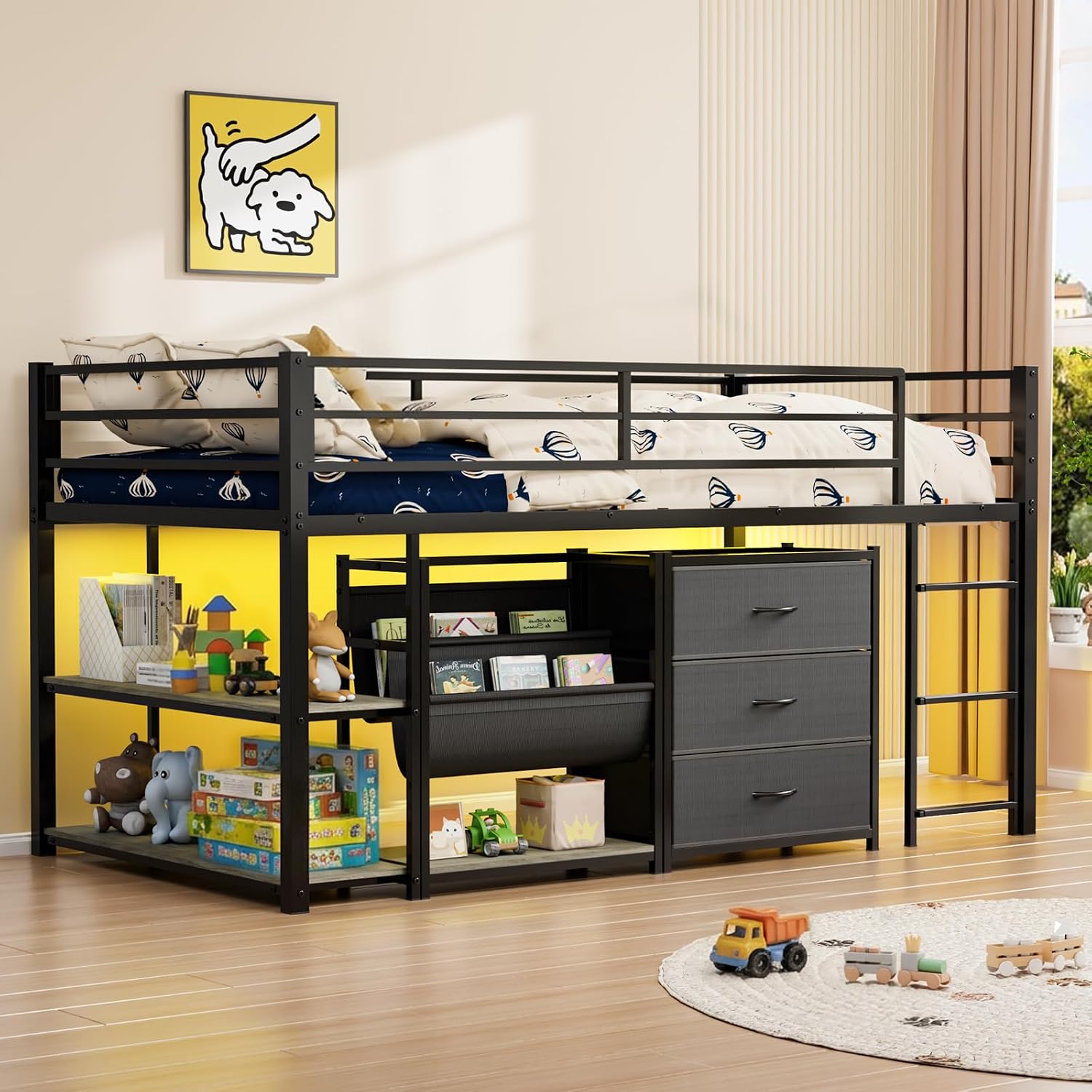 JOYMOR Low Loft Bed with 3 Storage Drawers, 2 Tier Storage Shelves, 2 Tier Bookcase, Metal Twin Size Bed Frame with Safety Guardrail for Kids (Black)
