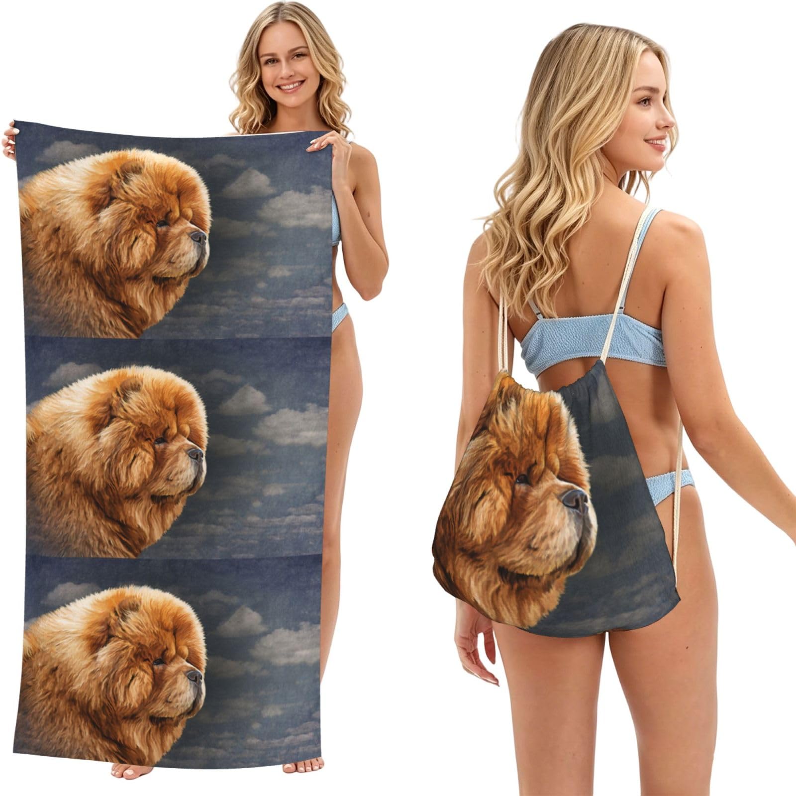 Poadnly Chow Dog Vintage, 2 in 1 Packable Towel Bag, Beach Towels with Drawstring Backpack for Travel Holiday Camping