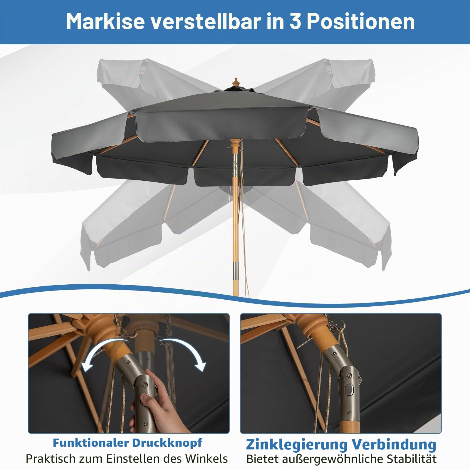 GIANTEX 300cm Sonnenschirm, Holz-Sonnenschirm, Marktschirm, Gartenschirm, Terrassenschirm Rund UV50+, neigbar und knickbar, Sonnenschutz für Garten, Balkon, Terrasse (Schwarz)