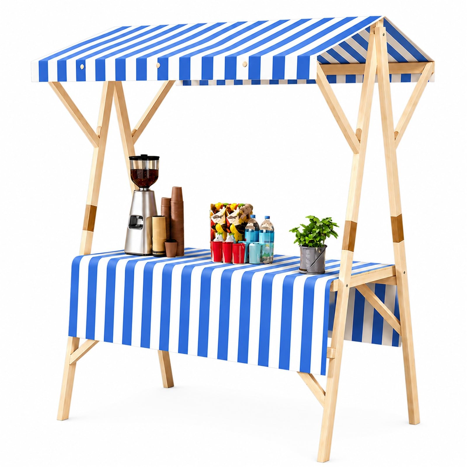WNGJZZYC Foldable Wooden Market Stall Cart with Canopy, Food Carts for Sale, Portable Outdoor Food Vendor Booth Kiosk for Street Food & Farmers Markets(Blue,L 120cm/47.2in)