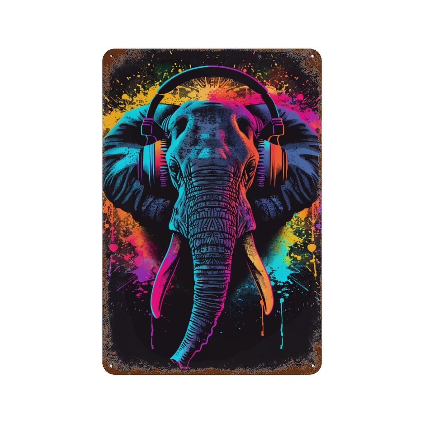 Garage Style Colorful Elephant Headphones Art Print-1 Distressed Metal Wall Sign 11.8"x7.9", Rustic Home Decor for Bar And Workshop