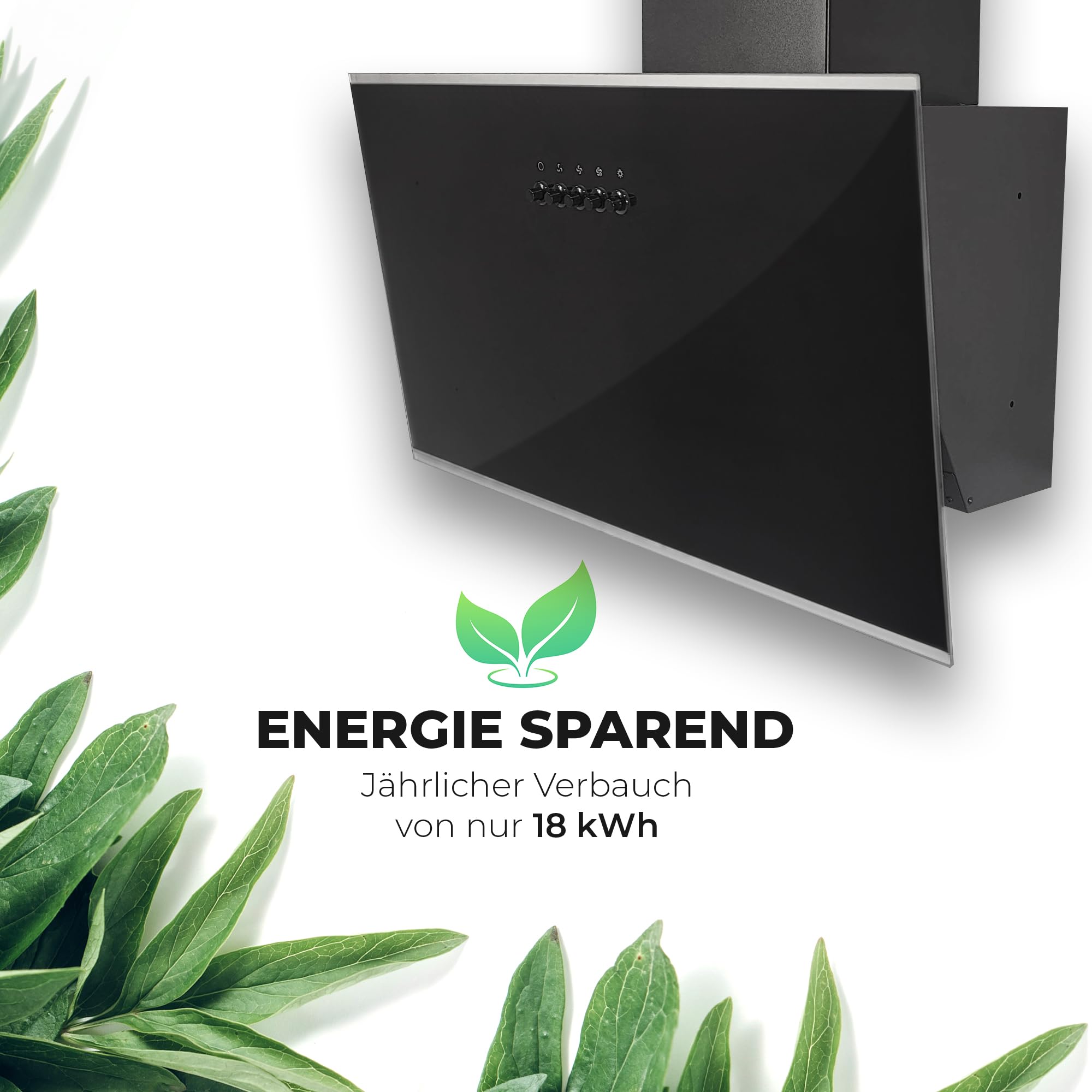 YUNA Dunstabzugshaube DUNJA 60 cm Schwarz Glasfront 3 Leistungsstufen 47W Motorleistung Energieeffizienz A Abluft Umluft Kopffrei LED Beleuchtung Ohne Kohlefilter Wandhaube