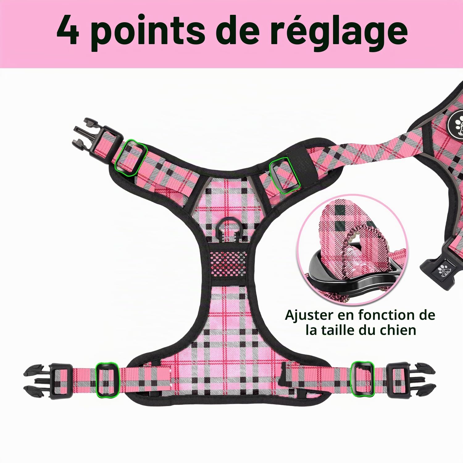 NESTROAD Colliers, Harnais Veste et Laisses Anti Traction pour Chiens Moyen, Couleur Rose Plaid Taille M Arnet pour Chien Le Cou 33~43CM Poitrine 43~64CM, Harnais Chien Voiture, Accessoire Chien