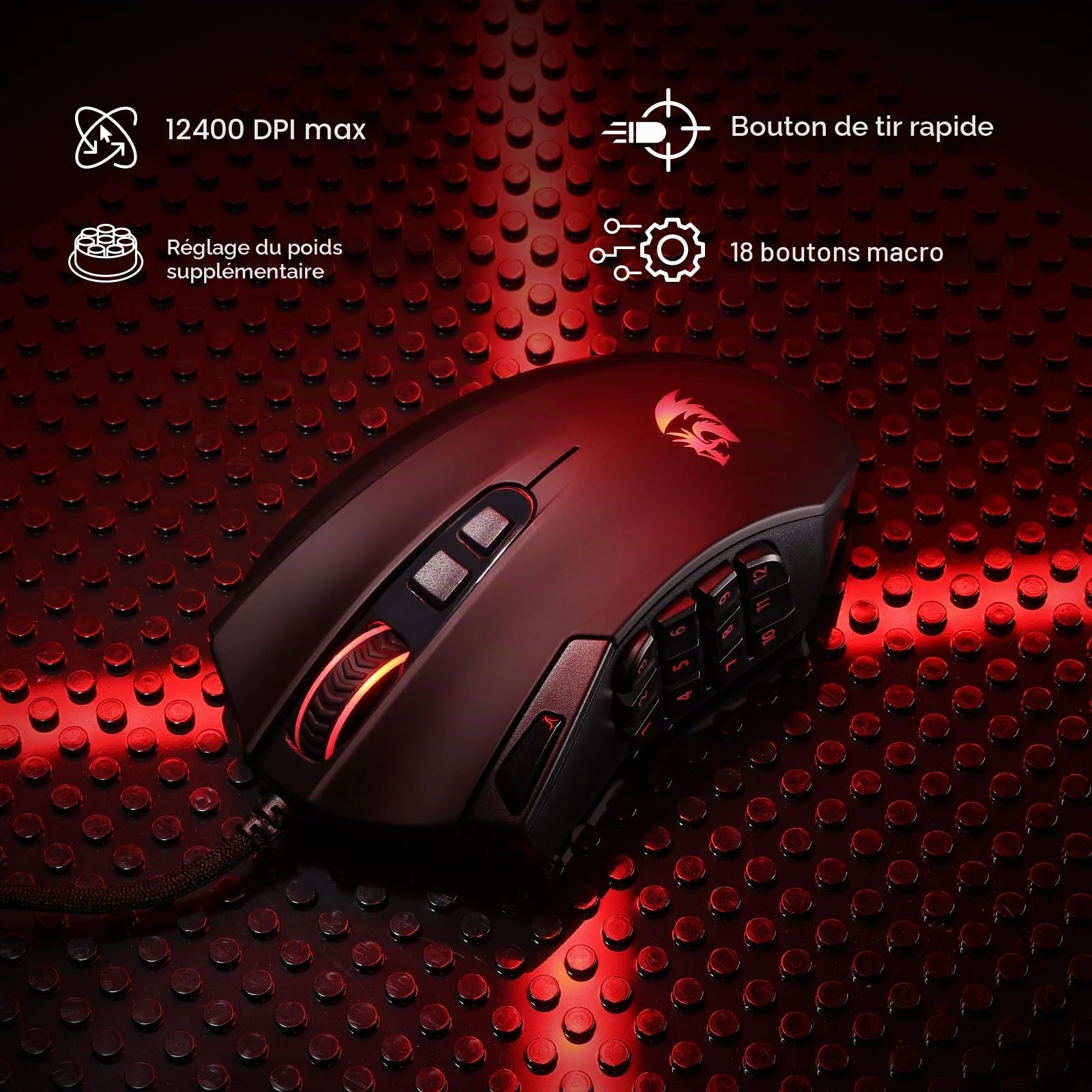 Redragon M921 Souris MMO Filaire RVB 12400 DPI 18 Boutons