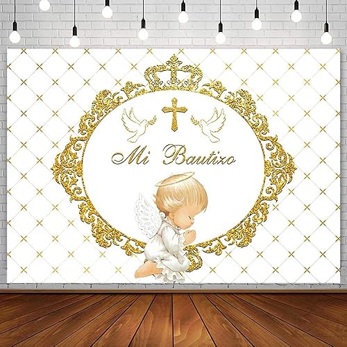 Telón de fondo Mi Bautizo de 7 x 5 pies para bautizo, bautizo, Dios bendiga la primera comunión, fondo de fotografía, angel, cruz dorada, paloma de