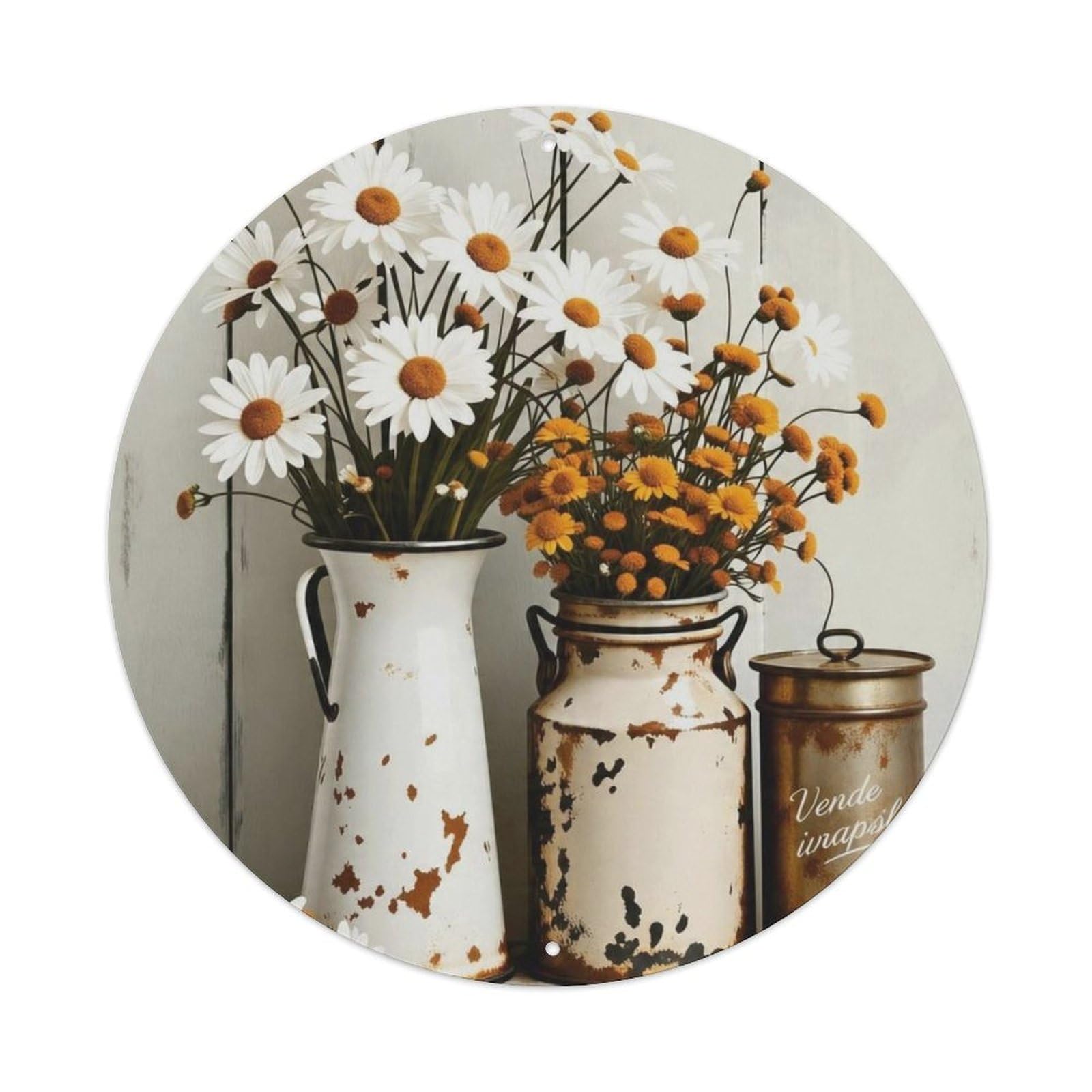 Vintage Rust Vase Chamomile Farmhouse Round Sign Vintage Aluminium Metal Sign, Retro Wall Decor for Home, Bar, Garage & Farmhouse 20x20cm