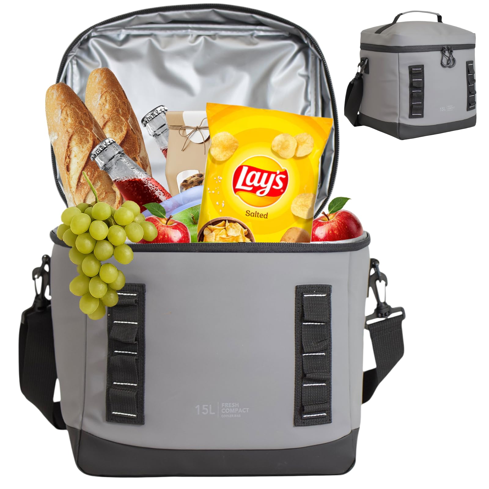 Bordlite 15L Insulated Cooler Bag Grey – Leakproof Large Lunch Bag with Waterproof Lining, Thermal Insulation, Adjustable Shoulder Strap, Picnic Travel Cooler for Drinks & Food