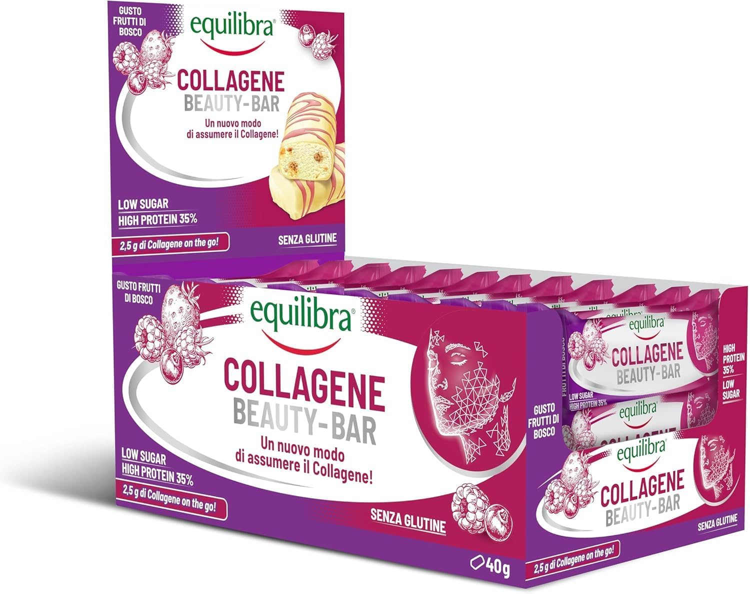 Equilibra Alimenti Proteici, Barrette Proteiche, Collagene Beauty Bar, 35% Proteine, 24x40g, Barrette con 2,5 g di Collagene, Low Sugar, High Protein, Senza Glutine, Gusto Frutti di Bosco