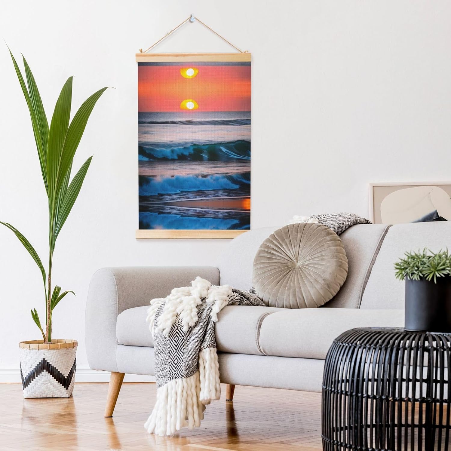 Sunset And Sunrise With Ocean Sea Waves Print Poster Hanger,Hanging Poster, Poster Frame,Wood Poster Hanger, For Wall Hanging