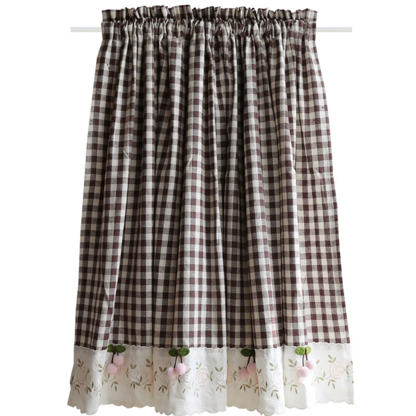 A.Monamour Tenda Corta per Finestra Piccola in Cotone a Quadri a Scacchi Marrone Con Rosa Ciliegia - Rurale Opaca da Cucina Bistrot Caffè - Mezza Mantovana a Vetro per Porta