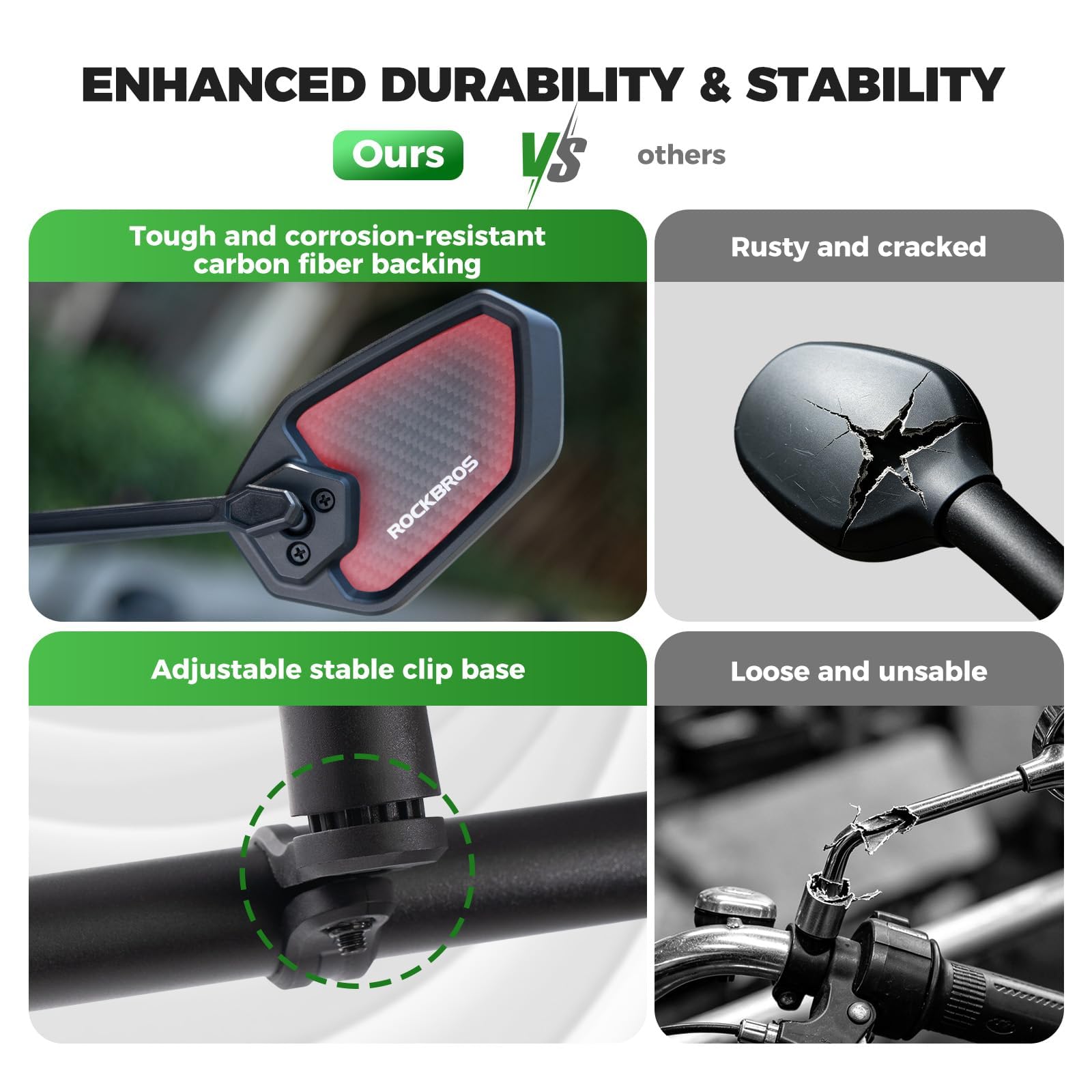 ROCKBROS Specchietto Retrovisore Bici, Specchio Convesso Antiriflesso ad Alta Definizione, Regolazione 360°, Infrangibile in Fibra di Carbonio, per Manubrio da 20-23 mm, MTB, Bici da Corsa, Scooter