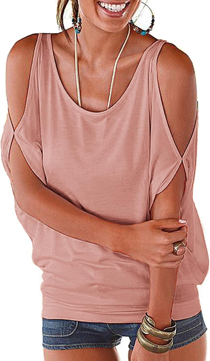 Miselon Women Cold Shoulder O-Neck Short Sleeve Loose Fit Summer Shirt Blouse Tops