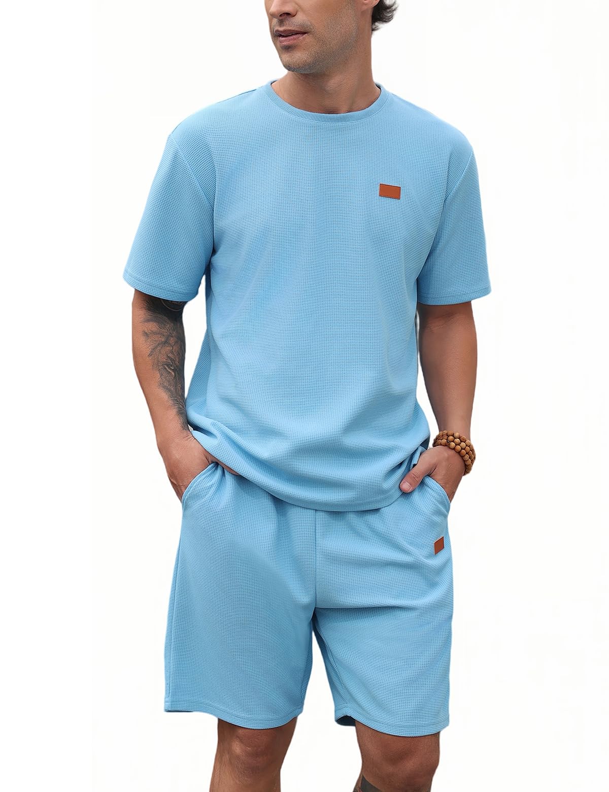 SPKPKEY Herren 2-Teilig Waffelstrick Trainingsanzug Set Kurzarm T-Shirt & Shorts Freizeit Sommer Loungewear Outfit