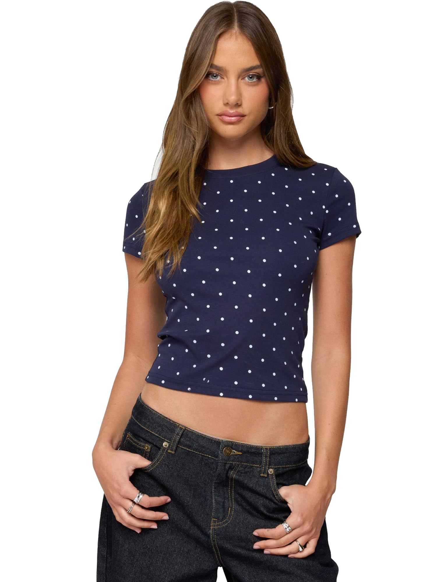 Women Slim Fit Crop Top Casual Solid Color Tight T-Shirt Basic Blouse Tee (Z197387-Dark Blue, XL)