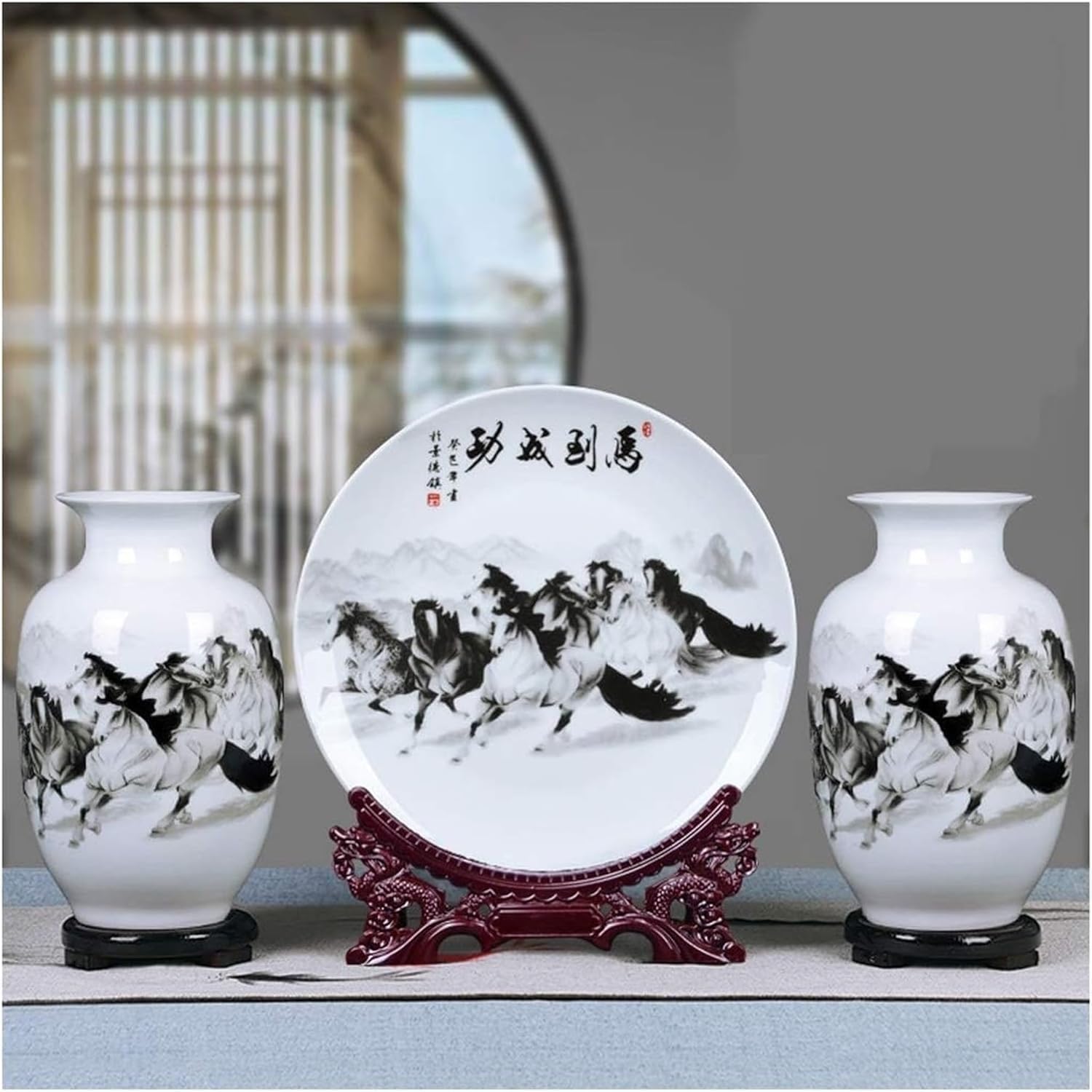 Vase Tabletop Ceramic Classical Handmade Three-Piece for Dry Flowers Art Household Bedroom Desktop (2Plate + Bases)