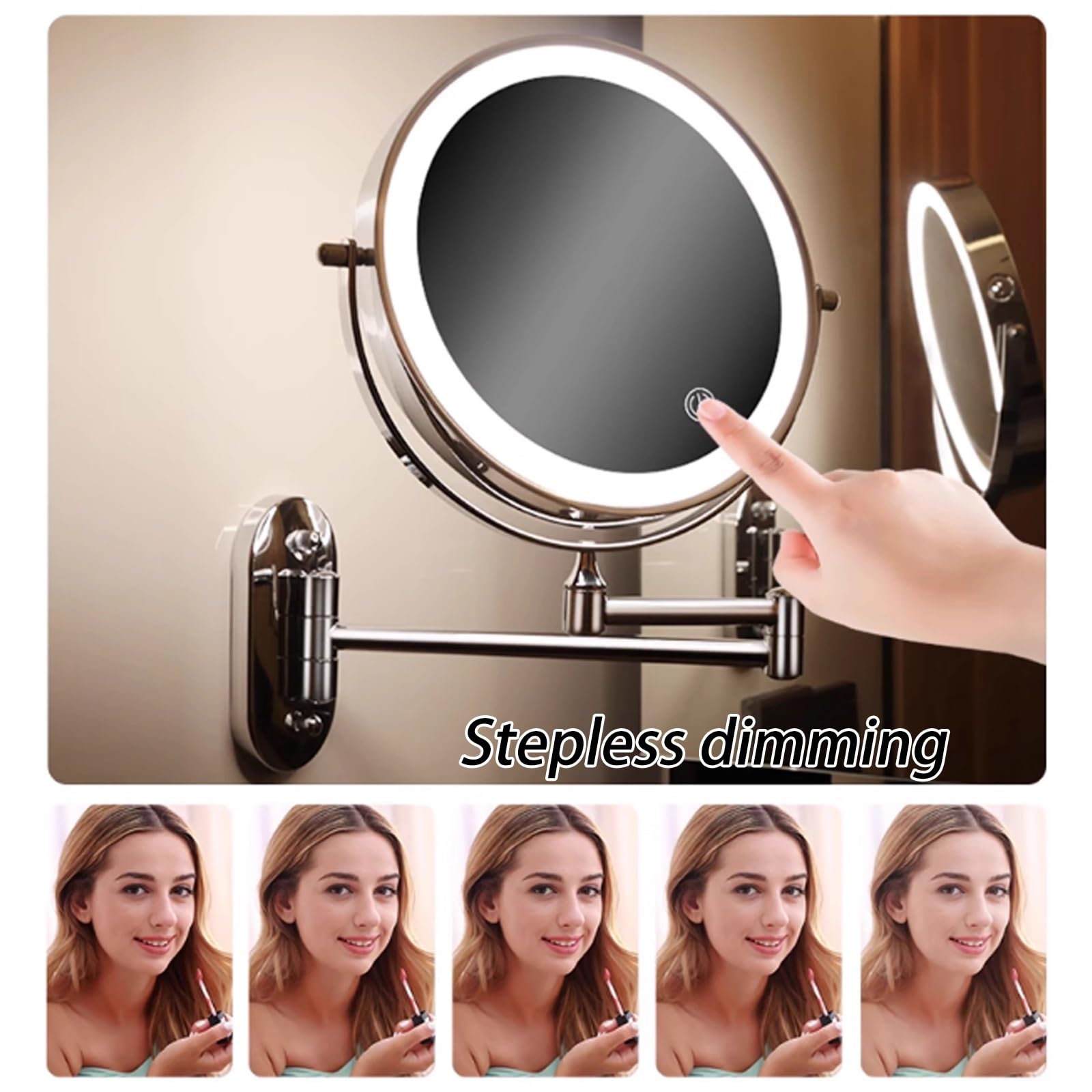 Specchio Per Trucco Illuminato A Parete Ricaricabile, Specchio Cosmetico LED Bifacciale Da 8 Pollici Ingrandimento 1X/3X, Touch Screen A 3 Luci Colorate Dimmerabile(Noir)