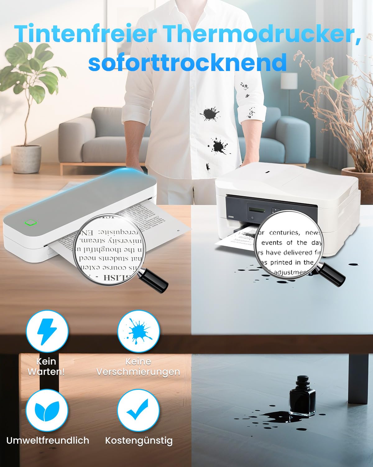 Bluetooth Thermodrucker A4, Tragbarer Mobiler Drucker A4 für Unterwegs, Inkless Printer Kompatibel mit Android & IOS und Laptop für Zuhause, Büro, Tattoo Stencil Druckerker