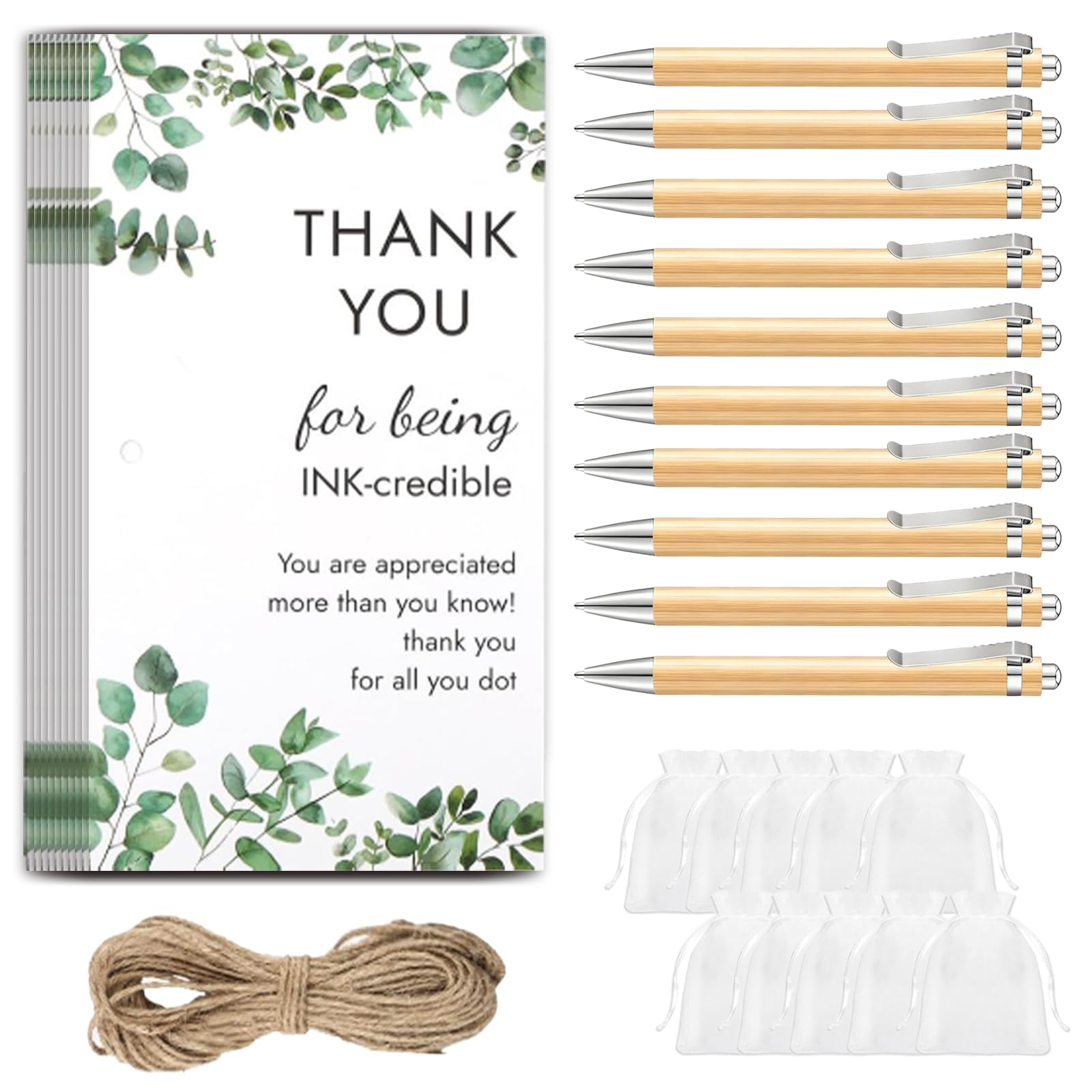 BMYUK 10 Sets Thank You Gift Bamboo Ballpoint Pens and Thank You Cards Organza Bags for Women Men ColleaguesTeacher Nurses Volunteer Personalised Birthday Present Leaving Gifts