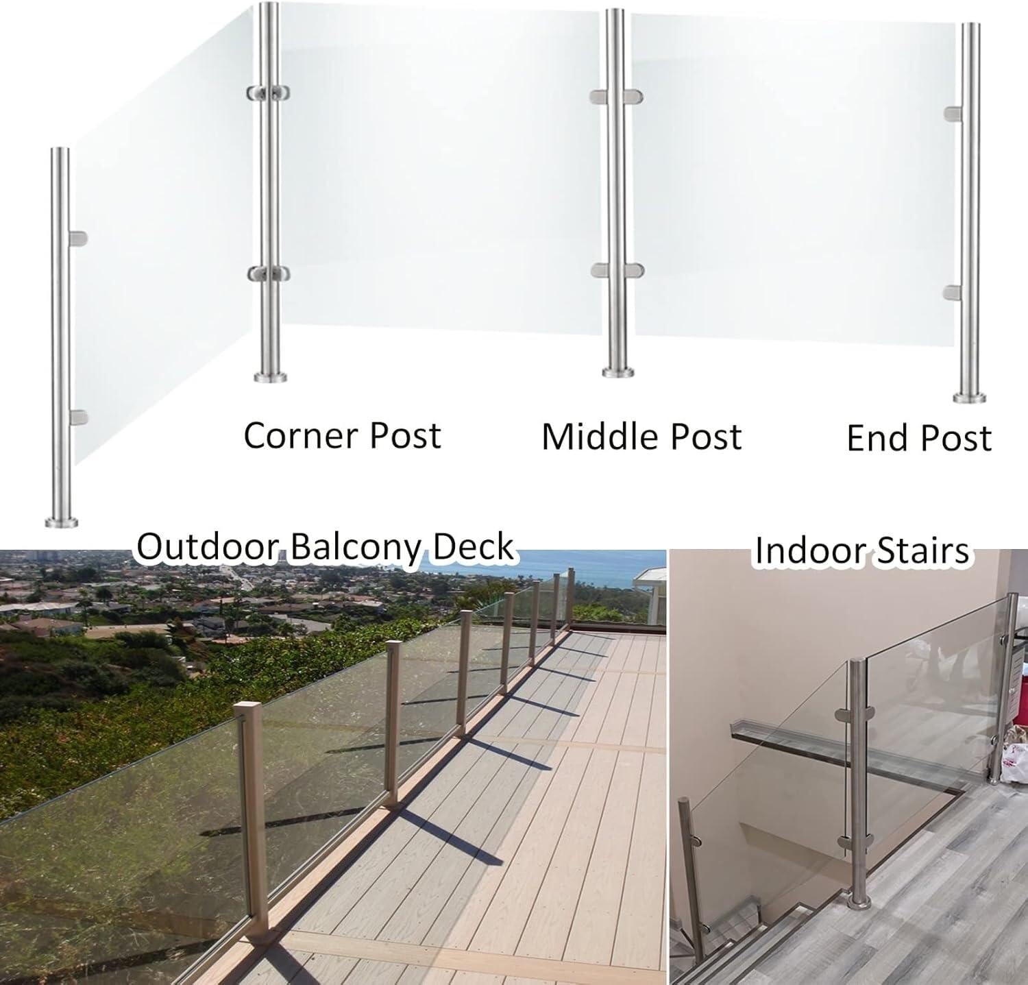 Pręt mocujący do ogrodzenia szklanego, słupki do balustrady szklanej, słupek balustrady ze stali nierdzewnej do zewnętrznego ogrodzenia szklanego na balkon/taras/basen (słupek narożny, 85 cm