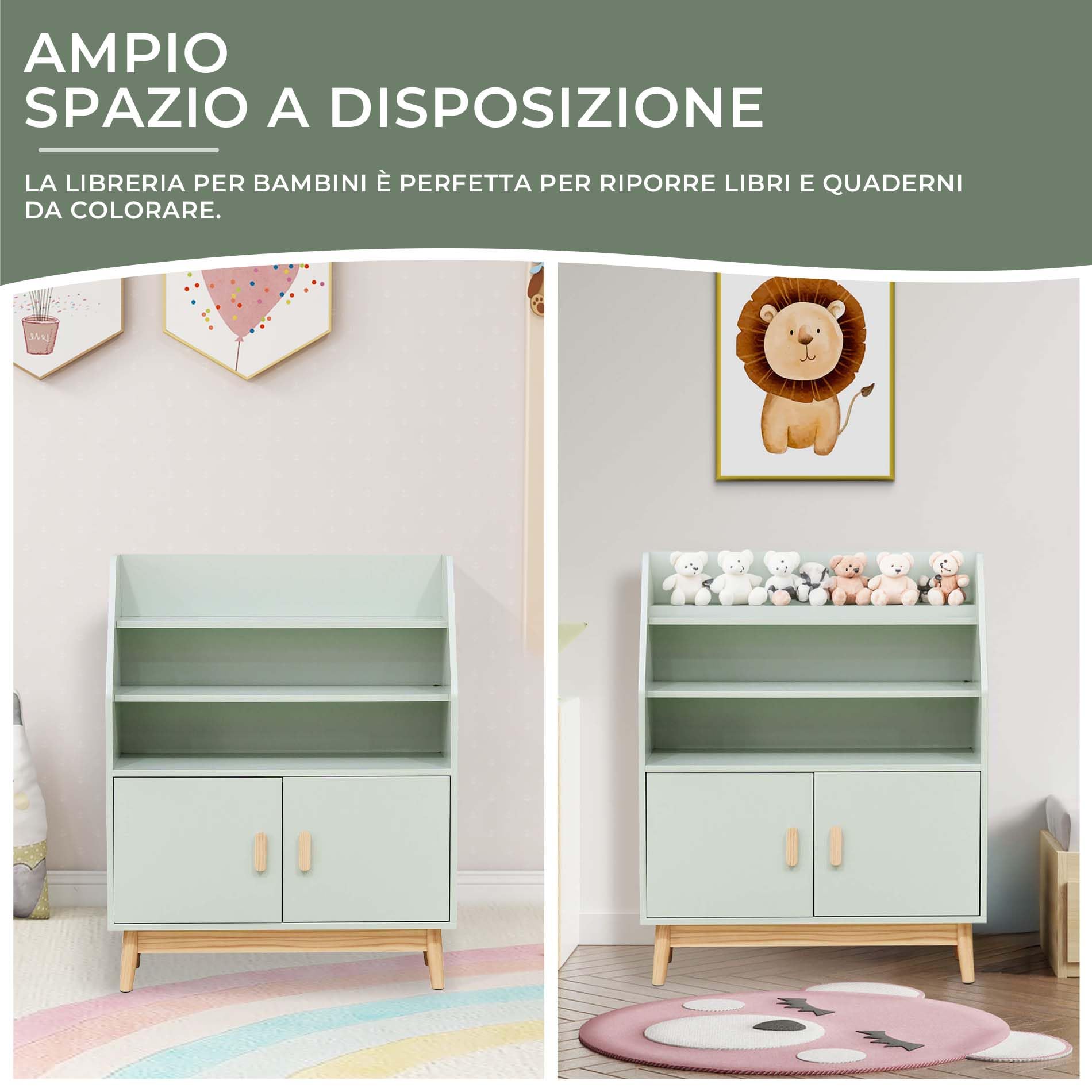 Rebecca Mobili Scaffale per Bambini, Libreria Montessoriana, Verde Acqua Marrone, MDF Pino, con 3 Ripiani e 1 Vano, Stile Scandinavo - Misure HxLxP: 100 x 80 x 33 cm - Art. RE7132