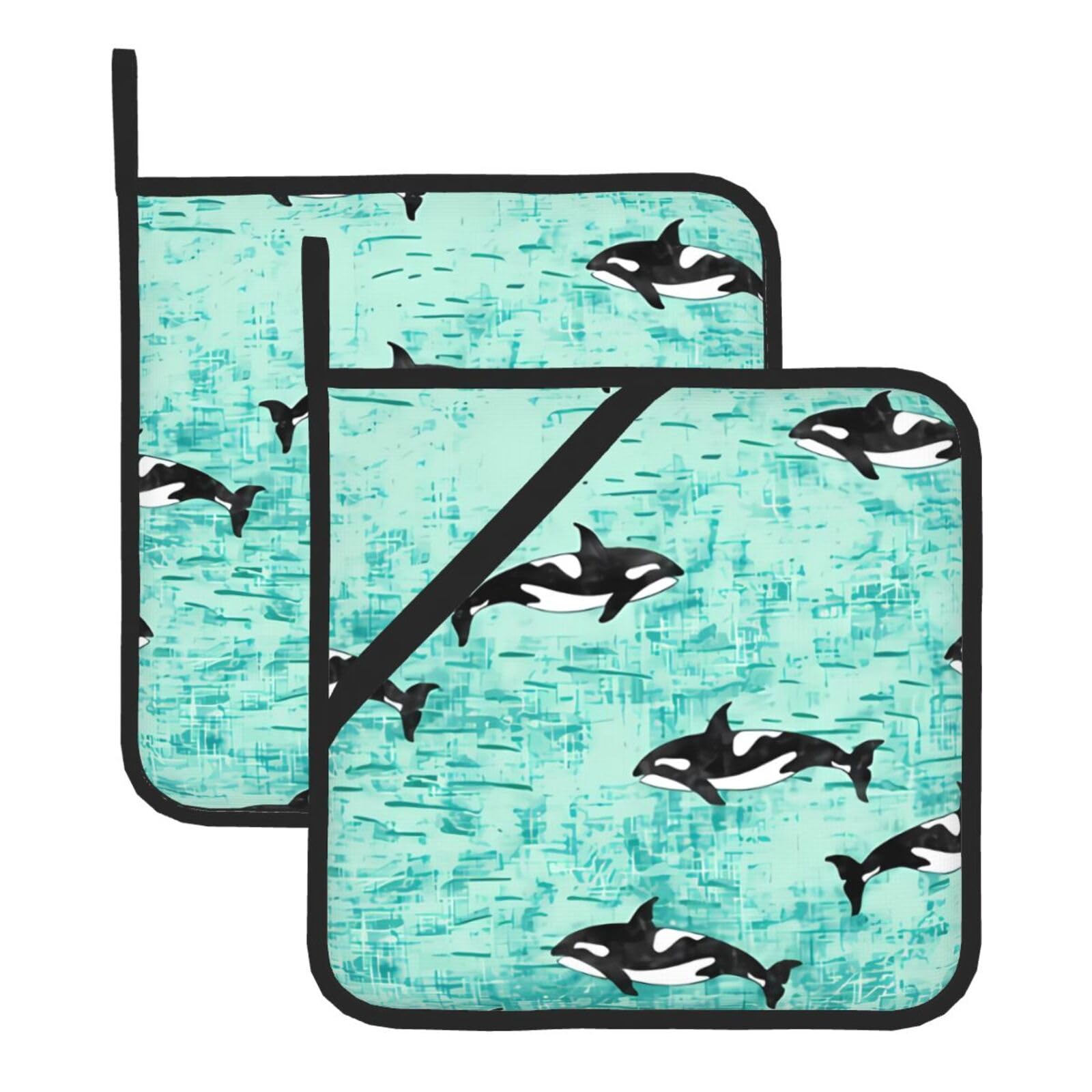 WHJSHOP Pacific Ocean whale Prints Square Pot Holders - Waterproof Heat Resistant Kitchen Throw Pads for Hot Bowls & Dishes, Durable Oven Mitt Layers with Hanging Loop - Set of 2
