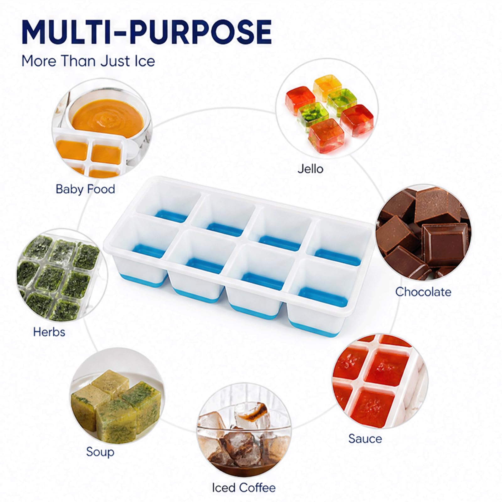 Bandeja de silicona para cubitos de hielo con tapa, bandejas apilables cubiertas para congelador, molde de hielo inferior suave de fácil liberación con tapa a prueba de fugas, bandeja flexible sin