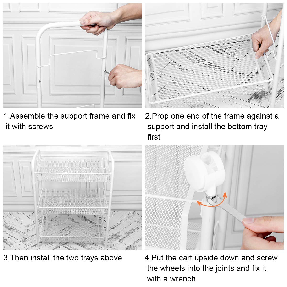 Carrello portaoggetti, con Ruote in Rete Carrello Portaoggetti Mobile in Metallo Multiuso con Due Ruote Bloccabili e Quattro Ganci, per Cucina, Bagno, Soggiorno, Studia, Camera da Letto (Bianca)
