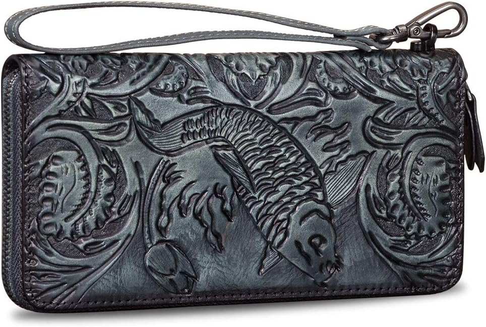 Genuine Leather Wallet Women's Zip Around Wristlet Long Purse Vintage Embossing Cowhide Capacity Handmade Clutch (Green)