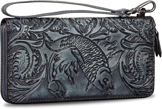 Genuine Leather Wallet Womens Zip Around Wristlet Long Purse Vintage Embossing Cowhide Capacity Handmade Clutch Gray