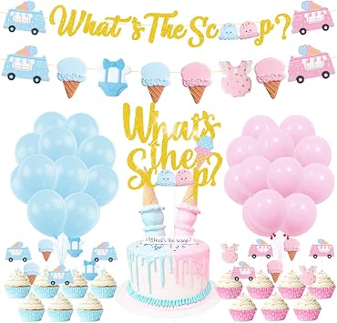 Gender Reveal Party Decorations - Ice Cream Whats the Scoop Banner Cake Cupcake Topper Pink Blue Balloon for Summer Ice Cream Theme Boy or Girl Baby Shower Mom To Be Party Supplies