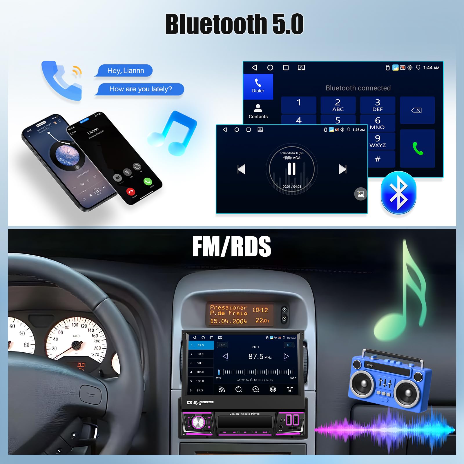 OiLiehu 4G+64G Android 13 Autoradio 1 Din avec CarPlay Android Auto sans Fil, 7“ Rétractable Manuellement Écran Tactile avec GPS WiFi Lien Miroir Bluetooth FM/RDS EQ USB AUX TF SWC Caméra Arrière