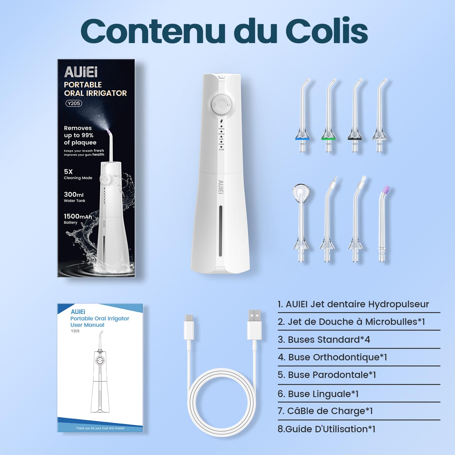 AUIEI Jet Dentaire Hydropulseur Portable Water Flosser, Irrigateur Oral 5 Modes et 8 Buses,Réservoir 300ML, USB Chargé, Étanche IPX7,Convient Gencive Sensible (Blanc)