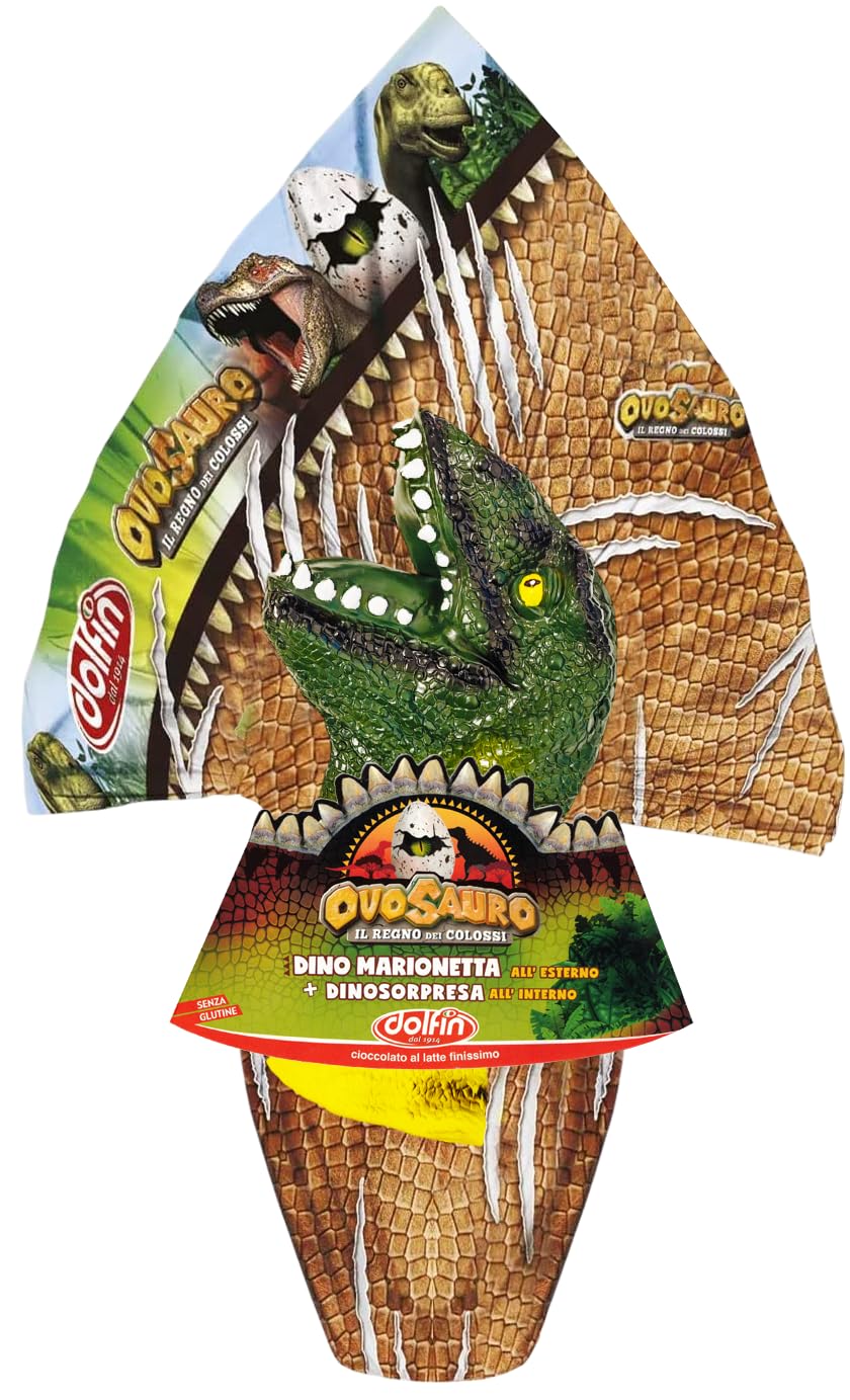 Dolfin Uovo Ovosauro Il Regno dei Colossi con Cioccolato al Latte Finissimo doppia sorpresa da 320 grammi - Dino Marionetta + Dinosorpresa - Senza Glutine