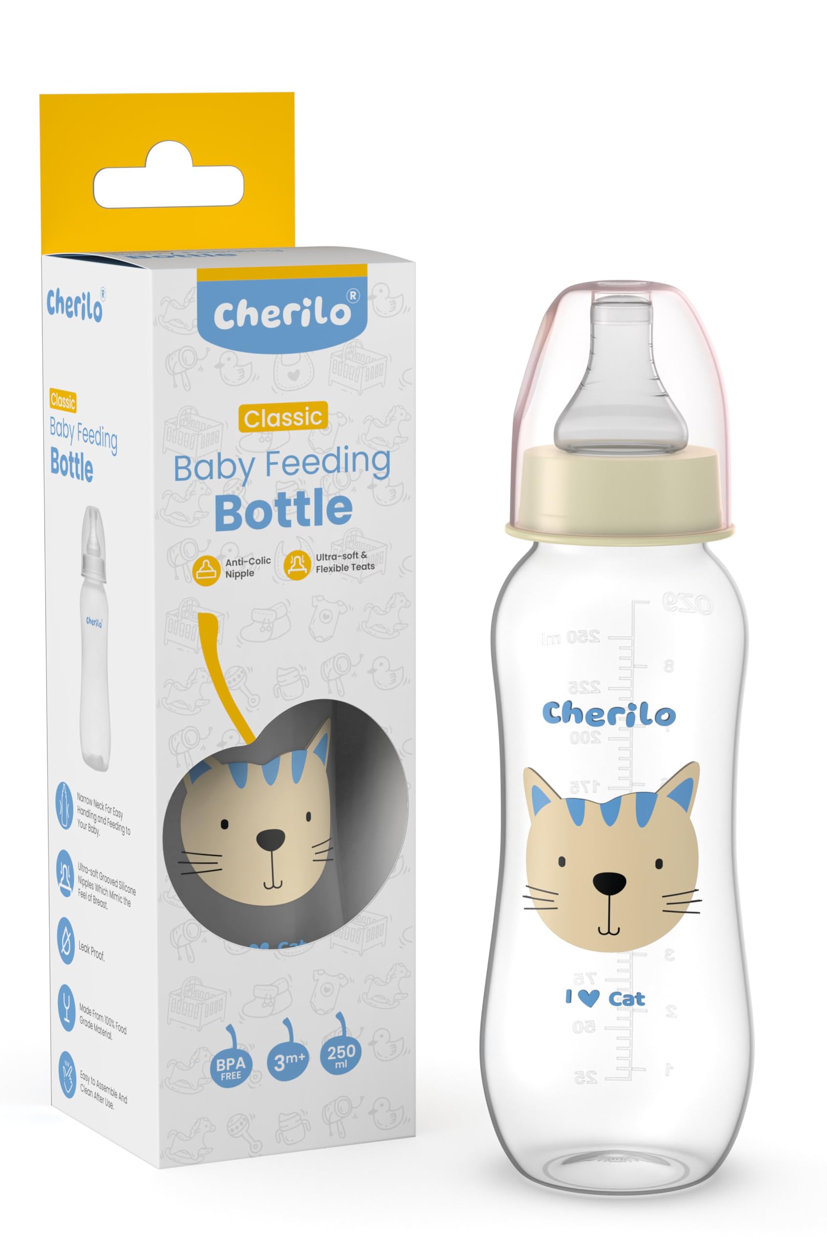 Cherilo Anti-Colic Feeding Bottle for Baby 6 to 12 Months, Milk Feeding Bottle for Kids 1 Year, 100% Food Grade Grooved Silicone Nipples, Leak-Proof, Lovely Cat Style (250 ml)-image-9