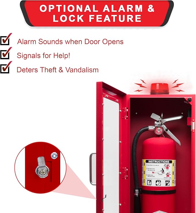 10 lb Fire Extinguisher Cabinet Box – Wall Mount Metal Case with Alarm, Lock, and Acrylic Break-Glass Window – Fits 5 lb and 10 lb Extinguishers (Single Red Cabinet)