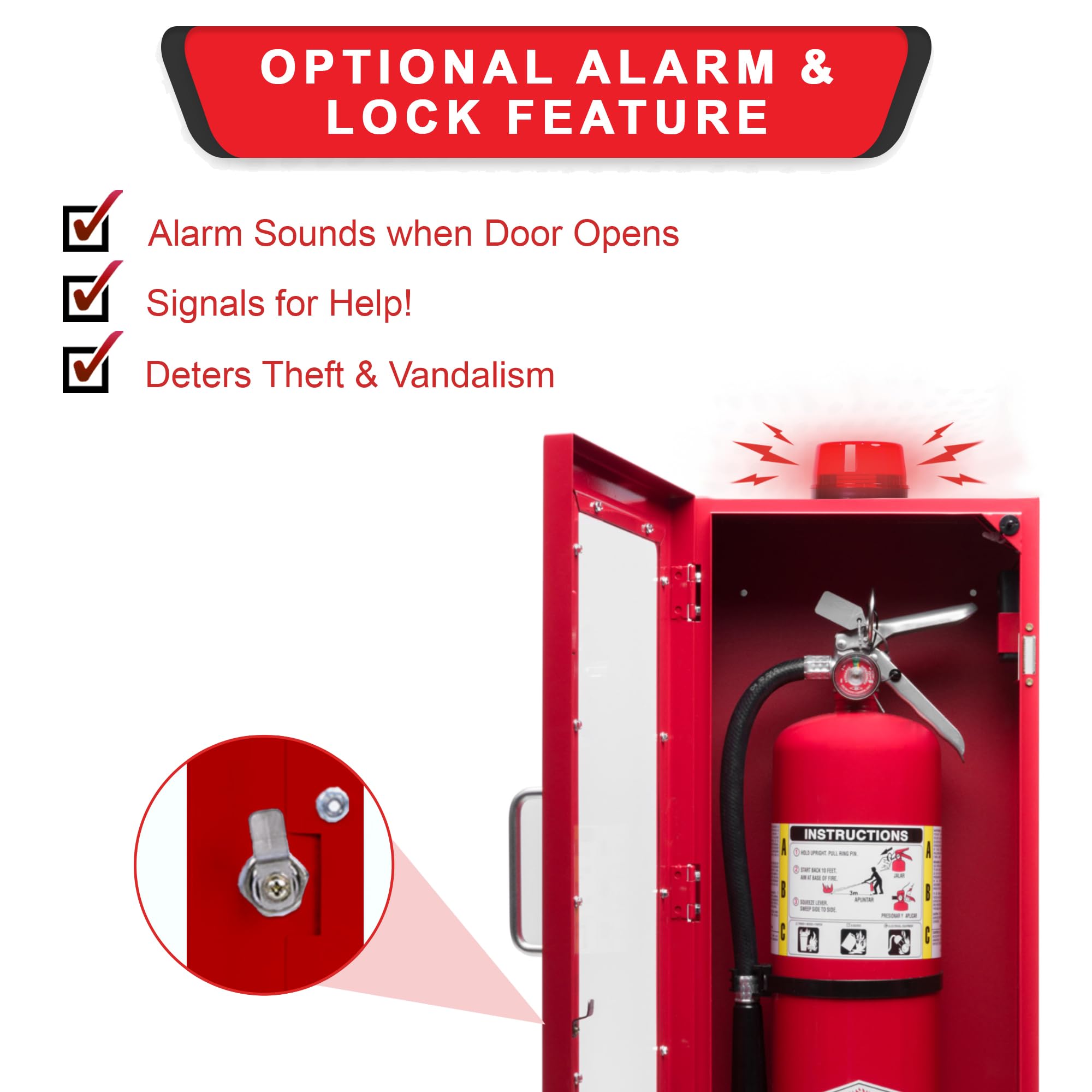 Extintor de 5 libras con alarma, cerradura y ventana acrílica rompible | Montaje en pared o superficie | Se adapta a extintores de hasta 5 libras | Instrucciones de seguridad contra incendios