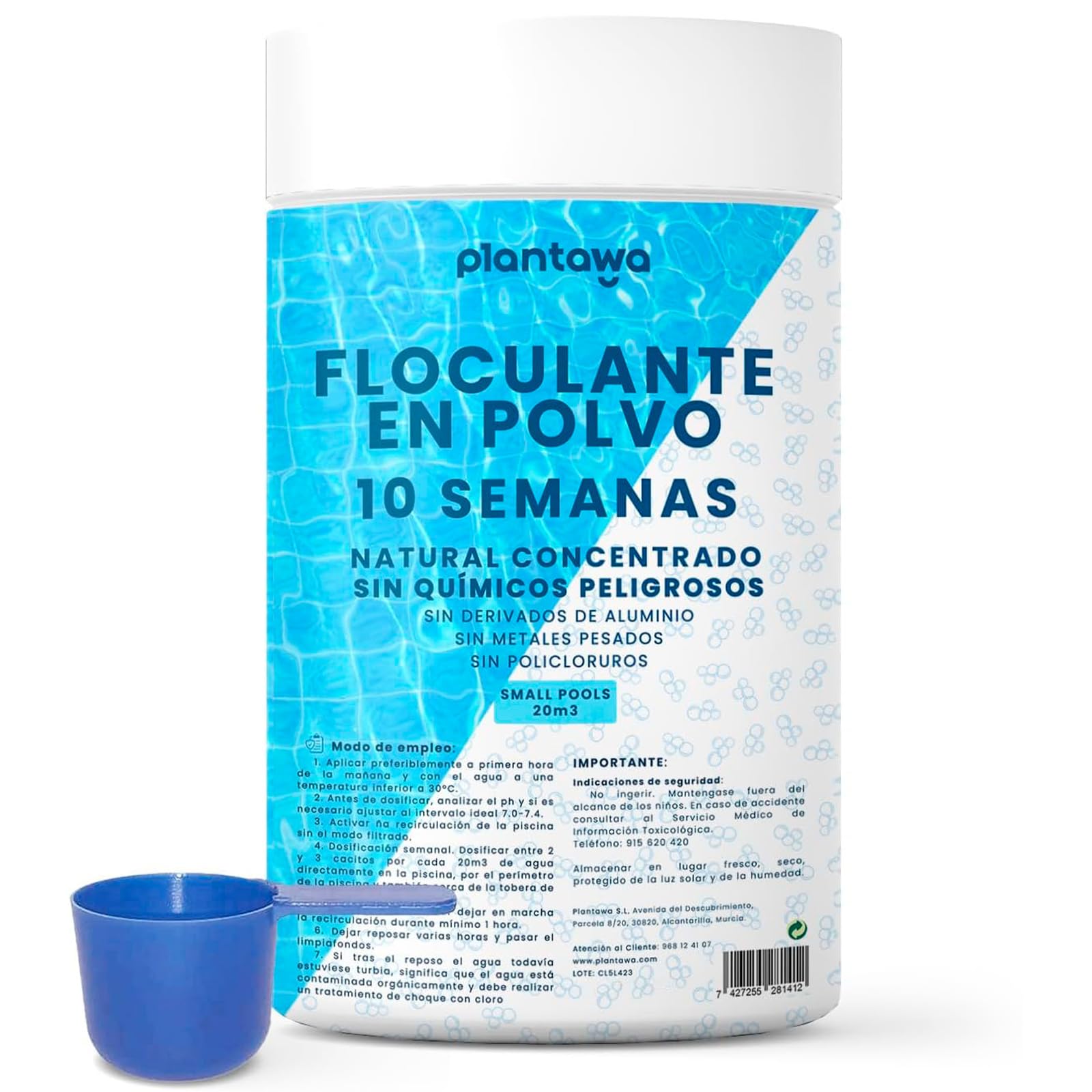 Floculante Piscina Concentrado 10 Semanas. Eliminador Turbidez para Piscinas Pequeñas e Hidromasajes. Clarificante para Aguas Transparentes. Producto Natural Vegano Seguro para Toda la Familia.